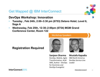Get Mapped @ IBM InterConnect
DevOps Workshop: Innovation
•  Tuesday , Feb 24th, 2:00–3:30 pm (6753) Delano Hotel, Level 6,
Sage A
•  Wednesday, Feb 25th, 12:30–2:00pm (6754) MGM Grand
Conference Center, Room 122
41
Registration Required
 