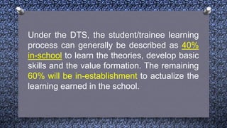 Under the DTS, the student/trainee learning
process can generally be described as 40%
in-school to learn the theories, develop basic
skills and the value formation. The remaining
60% will be in-establishment to actualize the
learning earned in the school.
 