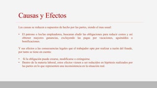 Causas y Efectos
Las causas se reducen a supuestos de hecho por las partes, siendo el mas usual:
• El patrono o los/las empleadores, buscaran eludir las obligaciones para reducir costos y así
obtener mayores ganancias, excluyendo las pagas por vacaciones, aguinaldos o
bonificaciones.
Y sus efectos a las consecuencias legales que el trabajador opte por realizar a razón del fraude,
por tanto se tiene en cuenta:
• Sí la obligación puede crearse, modificarse o extinguirse.
• Dentro de la materia laboral, estos efectos vienen a ser reducidos en hipótesis realizados por
las partes en lo que representen una inconsistencia en la situación real.
 