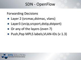 SDN - OpenFlow
Forwarding Decisions
● Layer 2 (srcmac,dstmac, vlans)
● Layer3 (srcip,srcport,dstip,dstport)
● Or any of the layers (even 7)
● Push,Pop MPLS labels,VLAN-IDs (v 1.3)
 