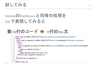 HadoopのMapReduceと同等の処理を
SQLで表現してみると
数100行のコード 15行のSQL文
試してみる
 