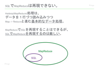 SQLでMapReduceは再現できない。
Hadoop(MapReduce)処理は、
データを１行づつ読み込みつつ
Map -> Reduceと進む基本的なデータ処理。
MapReduceでSQLを再現することはできるが、
SQLでMapReduceを再現するのは厳しい。
SQL
MapReduce
 