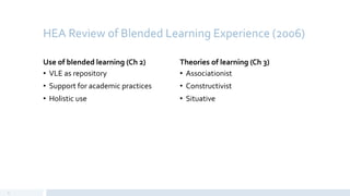 HEA Review of Blended Learning Experience (2006)
Use of blended learning (Ch 2)
• VLE as repository
• Support for academic practices
• Holistic use
Theories of learning (Ch 3)
• Associationist
• Constructivist
• Situative
3
 