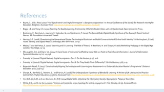 References
• Bayne, S., and J. Ross (2007) ‘The ‘digital native’ and ‘digital immigrant’: a dangerous opposition’. In Annual Conference of the Society for Research into Higher
Education. Brighton.Accessed from: http://www.malts.ed.ac.uk/staff/sian/natives_final.pdf.
• Biggs, J.B. andTang,C.S. (2011) Teaching For Quality Learning At University:What the Student Does. 4th ed. Maidenhead:Open University Press.
• Brotcorne, P., Damhuis, L., Laurent,V.,Valenduc,G., andVendramin, P. (2010) The Second Order Digital Divide:Synthesis of the Research Report [online]
Namur, BE: Foundation Université-Travail.
• Herring, S.C. (2008) ‘Questioning the Generational Divide:Technological Exoticism and AdultConstructions of OnlineYouth Identity’. In Buckingham, D. (ed)
Youth, Identity, and Digital Media. Cambridge, MA: MIT Press, 71–92
• Mayes,T. and de Freitas, S. (2007) ‘Learning and E-Learning:The Role ofTheory’. In Beetham, H. and Sharpe, R. (eds) Rethinking Pedagogy in the Digital Age.
London: Routledge, 13–25
• McLoughlin, C.E. and Alam, S.L. (2014) ‘A Case Study of Instructor Scaffolding UsingWeb 2.0Tools toTeach Social Informatics’. Journal of Information
Systems Education 25 (2), 125-136
• Prensky, M. (2001a) ‘Digital Natives, Digital Immigrants - Part I’. On the Horizon, 9 (5), 1–6.
• Prensky, M. (2001b) ‘Digital Natives, Digital Immigrants - Part II: DoThey ReallyThink Differently?’. On the Horizon, 9 (6), 1–9.
• Rogerson-Revell, P. (2015) ‘ConstructivelyAligningTechnologies with Learning andAssessment in a Distance Education Master’s Programme’. Distance
Education 36 (1), 129–147
• Sharpe, R., Benfield,G., Roberts,G., and Francis, R. (2006) The Undergraduate Experience of Blended E-Learning: A Review of UK Literature and Practice
[online]York: Higher EducationAcademy.Accessed from http://wales.heacademy.ac.uk/assets/documents/archive/blended_elearning_exec_summary_1.pdf
• Van Dijk, J.A.G.M. and van Deursen, A.J.A.M. (2014) DigitalSkills: Unlocking the Information Society. Basingstoke: Palgrave Macmillan
• White, D.S., and A. Le Cornu (2011). ‘Visitors and residents: a new typology for online engagement’. First Monday, 16 (9). Accessed from:
http://firstmonday.org/article/view/3171/3049
32
 