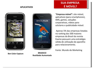 APLICATIVOS Ben Color Capture BRADECO Realidade Aumentada “ Empresa móvel”: site móvel, aplicativos (para smartphones), SMS, games, soluções corporativas, vídeos para celulares e publicidade móvel. Apenas 5% das empresas listadas no ranking das 500 maiores empresas do Brasil da revista Exame possuem uma estratégia sólida de utilização do aparelho para relacionamento. Fonte: Mundo do Marketing SUA EMPRESA É MÓVEL?