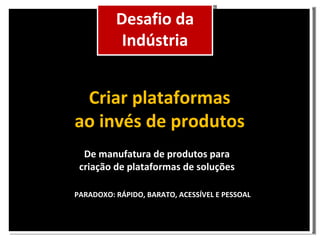 Criar plataformas ao invés de produtos De manufatura de produtos para criação de plataformas de soluções Cenário Desafio da Indústria PARADOXO: RÁPIDO, BARATO, ACESSÍVEL E PESSOAL