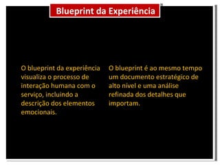Blueprint da Experiência O blueprint da experiência visualiza o processo de interação humana com o serviço, incluindo a descrição dos elementos emocionais. O blueprint é ao mesmo tempo um documento estratégico de alto nível e uma análise refinada dos detalhes que importam.