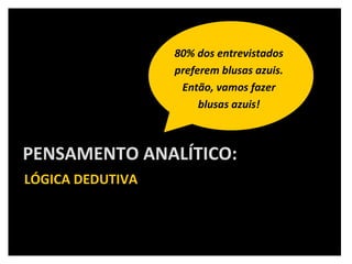 LÓGICA DEDUTIVA PENSAMENTO ANALÍTICO: 80% dos entrevistados preferem blusas azuis. Então, vamos fazer blusas azuis! 
