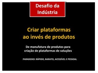 Criar plataformas ao invés de produtos De manufatura de produtos para criação de plataformas de soluções Cenário Desafio da Indústria PARADOXO: RÁPIDO, BARATO, ACESSÍVEL E PESSOAL 