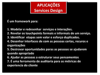 É um framework para: 1. Modelar e redesenhar  serviços e interações.  2. Revelar os touchpoints formais e informais de um serviço.  3. Identificar  etapas sem valor e esforço duplicados. 4. Desenhar interfaces de com as pessoas certas, recuros e organizações 5. Destravar oportunidades paras as pessoas se ajudarem quando apropriado  6. Ajudar as pessoas a estruturar seus pensamentos  7. É uma ferramenta de auditoria para as métricas de experiencia do cliente APLICAÇÕES Services Design 