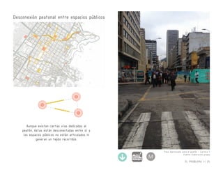 Desconexión peatonal entre espacios públicos
EL PROBLEMA // 25
Paso improvisado para el peatón - Carrera 7
Fuente: Elaboración propia
Aunque existan ciertas vías dedicadas al
peatón, éstas están desconectadas entre sí y
los espacios públicos no están articulados ni
generan un tejido recorrible.
M
 