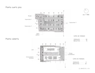 Planta cuarto piso
Planta cubierta
esc 1 1000
Parque
skateboard
Exposiciones 1
Exposiciones 2
Café
Estacionamiento
bicicletas
Mirador
Exposiciones 3
CUPOS DE PARQUEO
VEHICULOS . . . . . . .
BICICLETAS . . . . . . .
0
30
CUPOS DE PARQUEO
VEHICULOS . . . . . . .
BICICLETAS . . . . . . .
60
15
Baños
públicos
EL PROYECTO // 59
 