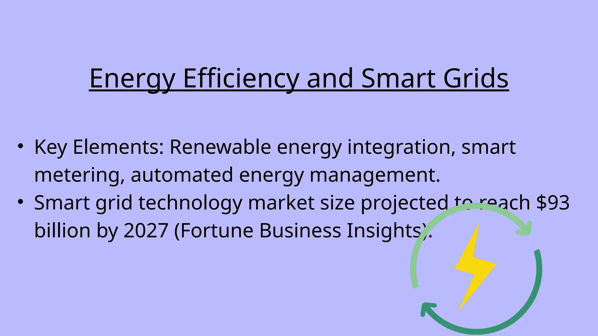Energy Efficiency and Smart Grids
• Key Elements: Renewable energy integration, smart
metering, automated energy management.
• Smart grid technology market size projected to reach $93
billion by 2027 (Fortune Business Insights).
 