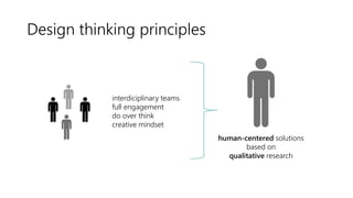 Design thinking principles
interdiciplinary teams
full engagement
do over think
creative mindset
human-centered solutions
based on
qualitative research
 