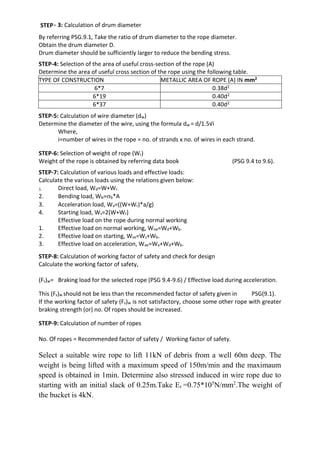 WWW.VIDYARTHIPLUS.COM
WWW.VIDYARTHIPLUS.COM V+ TEAM
By referring PSG.9.1, Take the ratio of drum diameter to the rope diameter.
Obtain the drum diameter D.
Drum diameter should be sufficiently larger to reduce the bending stress.
STEP-4: Selection of the area of useful cross-section of the rope (A)
Determine the area of useful cross section of the rope using the following table.
TYPE OF CONSTRUCTION METALLIC AREA OF ROPE (A) IN mm2
6*7 0.38d2
6*19 0.40d2
6*37 0.40d2
STEP-5: Calculation of wire diameter (dw)
Determine the diameter of the wire, using the formula dw = d/1.5√i
Where,
i=number of wires in the rope = no. of strands x no. of wires in each strand.
STEP-6: Selection of weight of rope (Wr)
Weight of the rope is obtained by referring data book (PSG 9.4 to 9.6).
STEP-7: Calculation of various loads and effective loads:
Calculate the various loads using the relations given below:
1. Direct load, Wd=W+Wr.
2. Bending load, Wb=b*A
3. Acceleration load, Wa=((W+Wr)*a/g)
4. Starting load, Ws=2(W+Wr)
Effective load on the rope during normal working
1. Effective load on normal working, Wne=Wd+Wb.
2. Effective load on starting, Wse=Ws+Wb.
3. Effective load on acceleration, Wae=Wa+Wd+Wb.
STEP-8: Calculation of working factor of safety and check for design
Calculate the working factor of safety,
(Fs)w= Braking load for the selected rope (PSG 9.4-9.6) / Effective load during acceleration.
This (Fs)w should not be less than the recommended factor of safety given in PSG(9.1).
If the working factor of safety (Fs)w is not satisfactory, choose some other rope with greater
braking strength (or) no. Of ropes should be increased.
STEP-9: Calculation of number of ropes
No. Of ropes = Recommended factor of safety / Working factor of safety.
Select a suitable wire rope to lift 11kN of debris from a well 60m deep. The
weight is being lifted with a maximum speed of 150m/min and the maximaum
speed is obtained in 1min. Determine also stressed induced in wire rope due to
starting with an initial slack of 0.25m.Take Er =0.75*105
N/mm2
.The weight of
the bucket is 4kN.
STEP 3:- Calculation of drum diameter
 