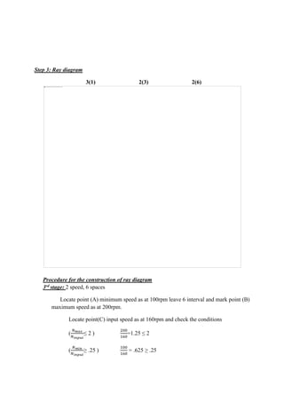 WWW.VIDYARTHIPLUS.COM
Step 3: Ray diagram
3(1) 2(3) 2(6)
Procedure for the construction of ray diagram
3rd stage: 2 speed, 6 spaces
Locate point (A) minimum speed as at 100rpm leave 6 interval and mark point (B)
maximum speed as at 200rpm.
Locate point(C) input speed as at 160rpm and check the conditions
(
𝑁 𝑚𝑎𝑥
𝑁 𝑖𝑛𝑝𝑢𝑡
≤ 2 )
200
160
=1.25 ≤ 2
(
𝑁 𝑚𝑖𝑛
𝑁 𝑖𝑛𝑝𝑢𝑡
≥ .25 )
100
160
= .625 ≥ .25
 