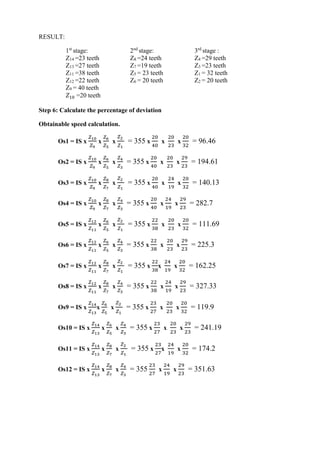 WWW.VIDYARTHIPLUS.COM
RESULT:
1st
stage: 2nd
stage: 3rd
stage :
Z14 =23 teeth Z8 =24 teeth Z4 =29 teeth
Z13 =27 teeth Z7 =19 teeth Z3 =23 teeth
Z11 =38 teeth Z5 = 23 teeth Z1 = 32 teeth
Z12 =22 teeth Z6 = 20 teeth Z2 = 20 teeth
Z9 = 40 teeth
𝑍10 =20 teeth
Step 6: Calculate the percentage of deviation
Obtainable speed calculation.
Os1 = IS x
𝑍10
𝑍9
x
𝑍6
𝑍5
x
𝑍2
𝑍1
= 355 x
20
40
x
20
23
x
20
32
= 96.46
Os2 = IS x
𝑍10
𝑍9
x
𝑍6
𝑍5
x
𝑍4
𝑍3
= 355 x
20
40
x
20
23
x
29
23
= 194.61
Os3 = IS x
𝑍10
𝑍9
x
𝑍8
𝑍7
x
𝑍2
𝑍1
= 355 x
20
40
x
24
19
x
20
32
= 140.13
Os4 = IS x
𝑍10
𝑍9
x
𝑍8
𝑍7
x
𝑍4
𝑍3
= 355 x
20
40
x
24
19
x
29
23
= 282.7
Os5 = IS x
𝑍12
𝑍11
x
𝑍6
𝑍5
x
𝑍2
𝑍1
= 355 x
22
38
x
20
23
x
20
32
= 111.69
Os6 = IS x
𝑍12
𝑍11
x
𝑍6
𝑍5
x
𝑍4
𝑍3
= 355 x
22
38
x
20
23
x
29
23
= 225.3
Os7 = IS x
𝑍12
𝑍11
x
𝑍8
𝑍7
x
𝑍2
𝑍1
= 355 x
22
38
x
24
19
x
20
32
= 162.25
Os8 = IS x
𝑍12
𝑍11
x
𝑍8
𝑍7
x
𝑍4
𝑍3
= 355 x
22
38
x
24
19
x
29
23
= 327.33
Os9 = IS x
𝑍14
𝑍13
x
𝑍6
𝑍5
x
𝑍2
𝑍1
= 355 x
23
27
x
20
23
x
20
32
= 119.9
Os10 = IS x
𝑍14
𝑍13
x
𝑍6
𝑍5
x
𝑍4
𝑍3
= 355 x
23
27
x
20
23
x
29
23
= 241.19
Os11 = IS x
𝑍14
𝑍13
x
𝑍8
𝑍7
x
𝑍2
𝑍1
= 355 x
23
27
x
24
19
x
20
32
= 174.2
Os12 = IS x
𝑍14
𝑍13
x
𝑍8
𝑍7
x
𝑍4
𝑍3
= 355
23
27
x
24
19
x
29
23
= 351.63
 