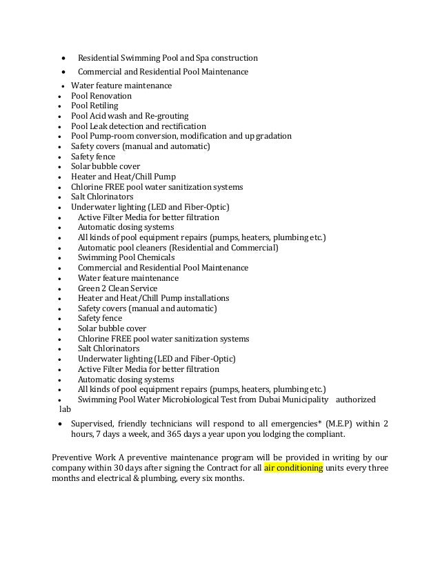 swimming pool maintenance contract