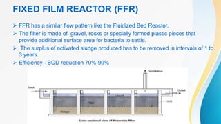 FIXED FILM REACTOR (FFR)
 FFR has a similar flow pattern like the Fluidized Bed Reactor.
 The filter is made of gravel, rocks or specially formed plastic pieces that
provide additional surface area for bacteria to settle.
 The surplus of activated sludge produced has to be removed in intervals of 1 to
3 years.
 Efficiency - BOD reduction 70%-90%
 