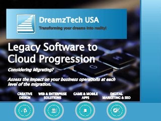 DreamzTech USA
Transforming your dreams into reality!
CREATIVE
DESIGN
WEB & ENTERPRISE
SOLUTIONS
GAME & MOBILE
APPS
DIGITAL
MARKETING & SEO
Legacy Software to
Cloud Progression
Considering Migrating?
Assess the impact on your business operations at each
level of the migration.
 