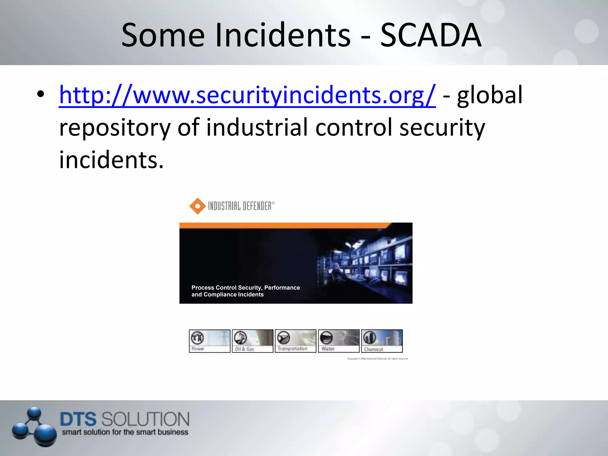 • http://www.securityincidents.org/ - global
repository of industrial control security
incidents.
Some Incidents - SCADA
Copyright © 2008 Industrial Defender All rights reserved
Process Control Security, Performance
and Compliance Incidents
 