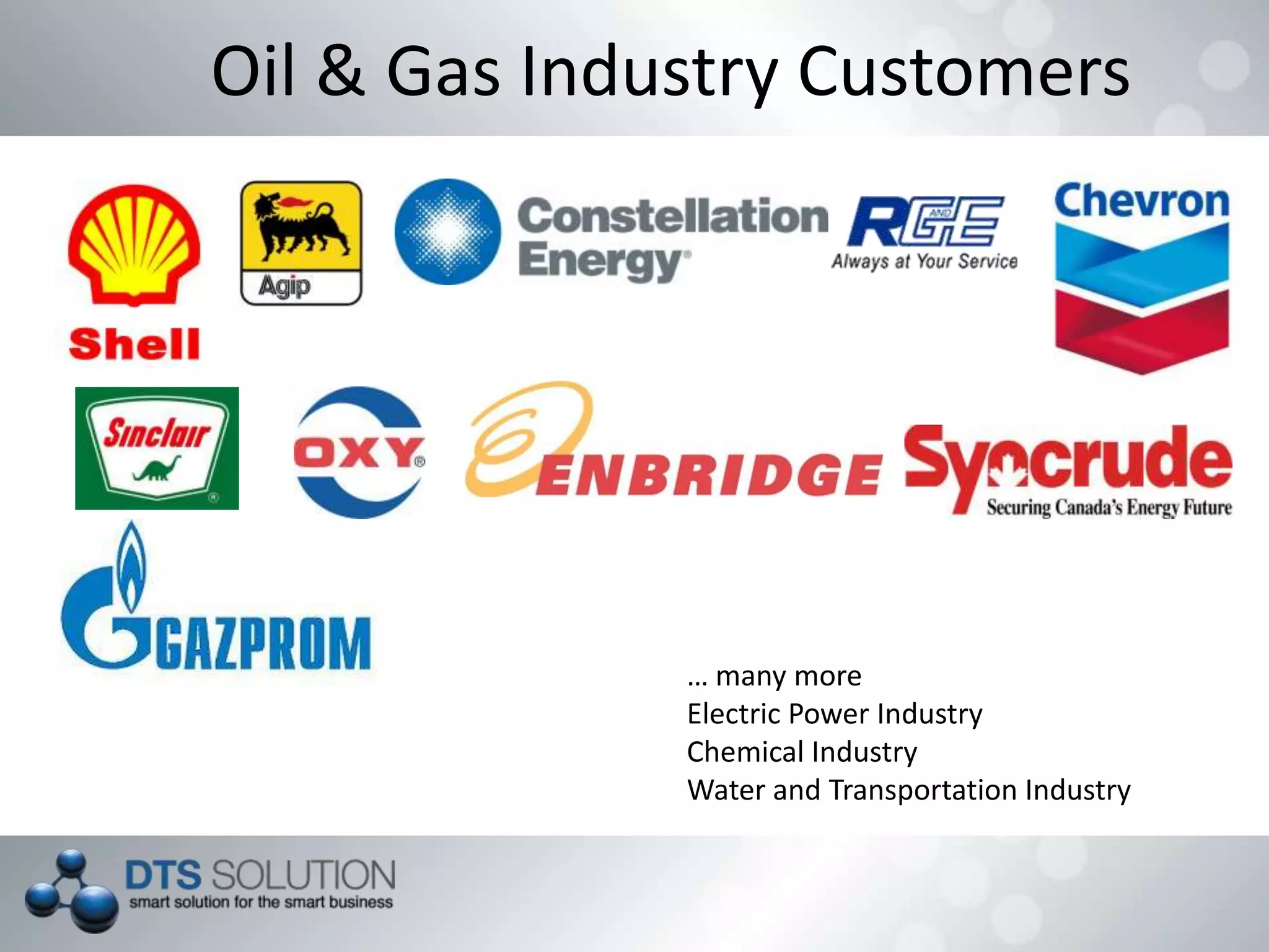 Oil & Gas Industry Customers
… many more
Electric Power Industry
Chemical Industry
Water and Transportation Industry
 