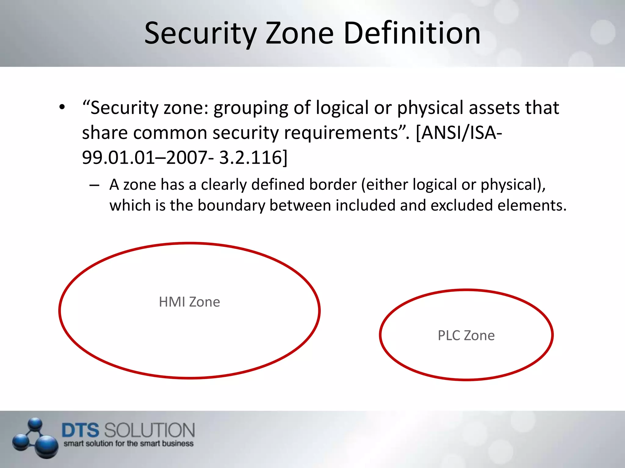 Security Zone Definition
• “Security zone: grouping of logical or physical assets that
share common security requirements”. [ANSI/ISA-
99.01.01–2007- 3.2.116]
– A zone has a clearly defined border (either logical or physical),
which is the boundary between included and excluded elements.
HMI Zone
PLC Zone
 