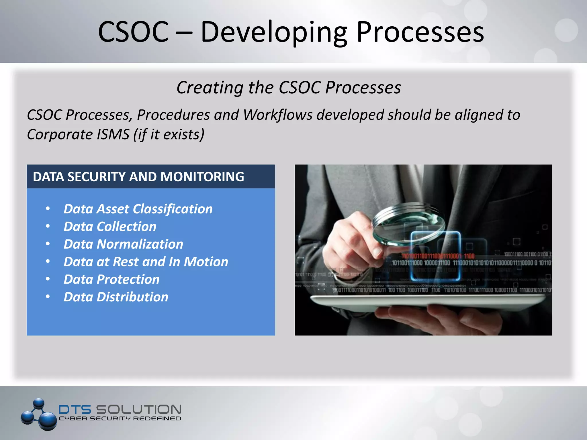 CSOC – Developing Processes
Creating the CSOC Processes
CSOC Processes, Procedures and Workflows developed should be aligned to
Corporate ISMS (if it exists)
DATA SECURITY AND MONITORING
• Data Asset Classification
• Data Collection
• Data Normalization
• Data at Rest and In Motion
• Data Protection
• Data Distribution
 