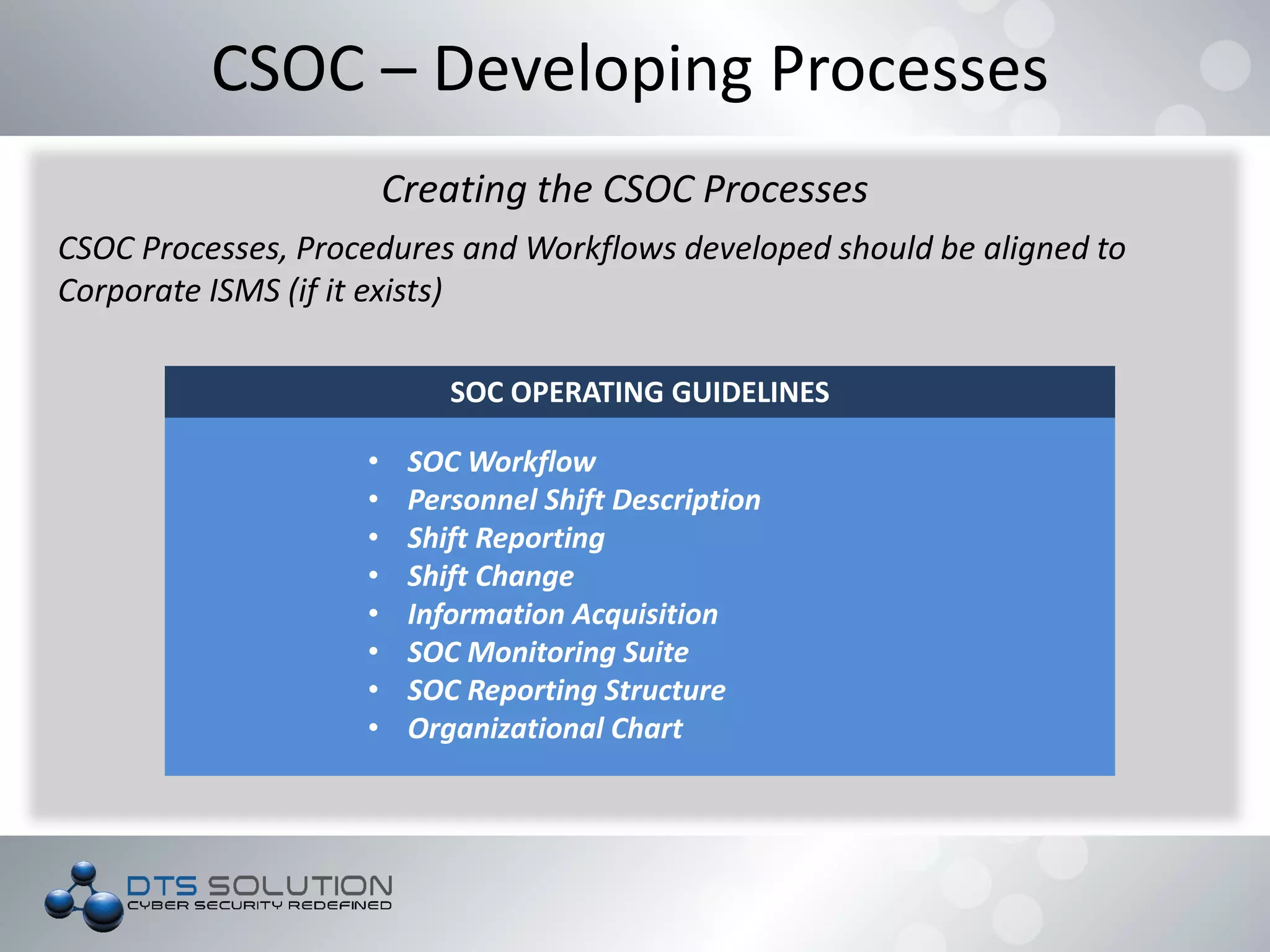SOC OPERATING GUIDELINES
• SOC Workflow
• Personnel Shift Description
• Shift Reporting
• Shift Change
• Information Acquisition
• SOC Monitoring Suite
• SOC Reporting Structure
• Organizational Chart
CSOC – Developing Processes
Creating the CSOC Processes
CSOC Processes, Procedures and Workflows developed should be aligned to
Corporate ISMS (if it exists)
 