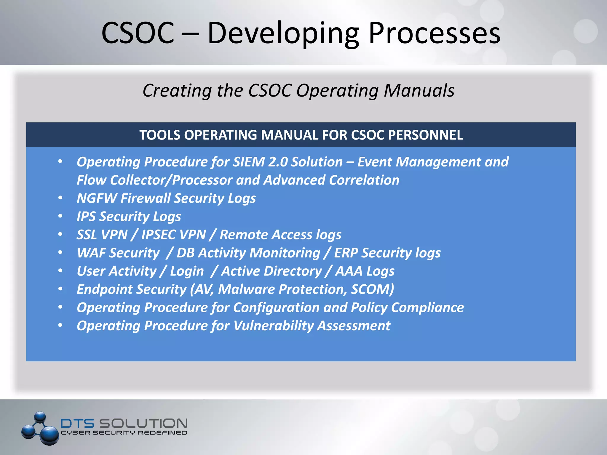 TOOLS OPERATING MANUAL FOR CSOC PERSONNEL
• Operating Procedure for SIEM 2.0 Solution – Event Management and
Flow Collector/Processor and Advanced Correlation
• NGFW Firewall Security Logs
• IPS Security Logs
• SSL VPN / IPSEC VPN / Remote Access logs
• WAF Security / DB Activity Monitoring / ERP Security logs
• User Activity / Login / Active Directory / AAA Logs
• Endpoint Security (AV, Malware Protection, SCOM)
• Operating Procedure for Configuration and Policy Compliance
• Operating Procedure for Vulnerability Assessment
CSOC – Developing Processes
Creating the CSOC Operating Manuals
 