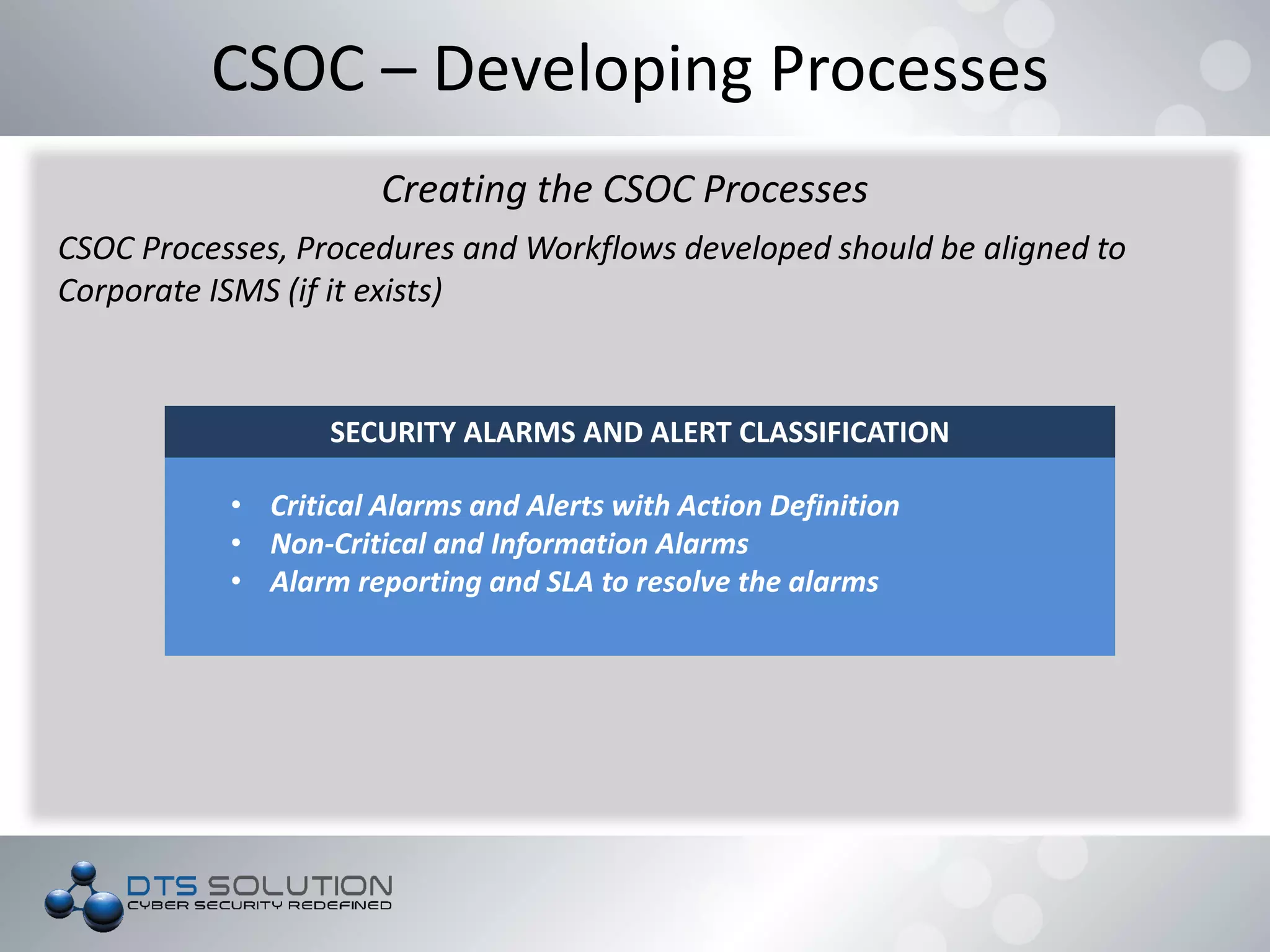 SECURITY ALARMS AND ALERT CLASSIFICATION
• Critical Alarms and Alerts with Action Definition
• Non-Critical and Information Alarms
• Alarm reporting and SLA to resolve the alarms
CSOC – Developing Processes
Creating the CSOC Processes
CSOC Processes, Procedures and Workflows developed should be aligned to
Corporate ISMS (if it exists)
 