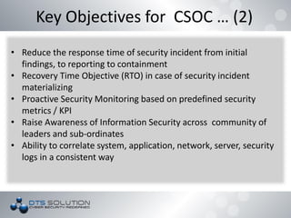 Key Objectives for CSOC … (2)
• Reduce the response time of security incident from initial
findings, to reporting to containment
• Recovery Time Objective (RTO) in case of security incident
materializing
• Proactive Security Monitoring based on predefined security
metrics / KPI
• Raise Awareness of Information Security across community of
leaders and sub-ordinates
• Ability to correlate system, application, network, server, security
logs in a consistent way
 