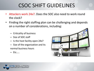 • Attackers work 24x7. Does the SOC also need to work round
the clock?
• Finding the right staffing plan can be challenging and depends
on a number of considerations, including:
– Criticality of business
– Size of SOC staff
– Is the host facility open 24x7
– Size of the organization and its
normal business hours
– Etc…..
CSOC SHIFT GUIDELINES
 