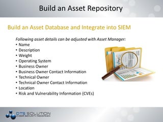 Build an Asset Database and Integrate into SIEM
Following asset details can be adjusted with Asset Manager:
• Name
• Description
• Weight
• Operating System
• Business Owner
• Business Owner Contact Information
• Technical Owner
• Technical Owner Contact Information
• Location
• Risk and Vulnerability Information (CVEs)
Build an Asset Repository
 