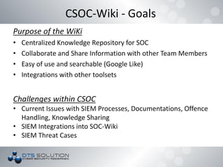 CSOC-Wiki - Goals
Purpose of the WiKi
• Centralized Knowledge Repository for SOC
• Collaborate and Share Information with other Team Members
• Easy of use and searchable (Google Like)
• Integrations with other toolsets
Challenges within CSOC
• Current Issues with SIEM Processes, Documentations, Offence
Handling, Knowledge Sharing
• SIEM Integrations into SOC-Wiki
• SIEM Threat Cases
 