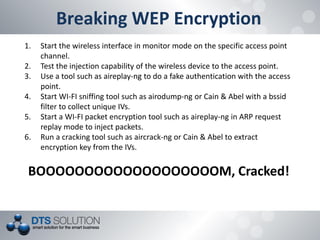 Breaking WEP Encryption 
1.Start the wireless interface in monitor mode on the specific access point channel. 
2.Test the injection capability of the wireless device to the access point. 
3.Use a tool such as aireplay-ng to do a fake authentication with the access point. 
4.Start WI-FI sniffing tool such as airodump-ng or Cain & Abel with a bssid filter to collect unique IVs. 
5.Start a WI-FI packet encryption tool such as aireplay-ng in ARP request replay mode to inject packets. 
6.Run a cracking tool such as aircrack-ng or Cain & Abel to extract encryption key from the IVs. BOOOOOOOOOOOOOOOOOOOM, Cracked!  