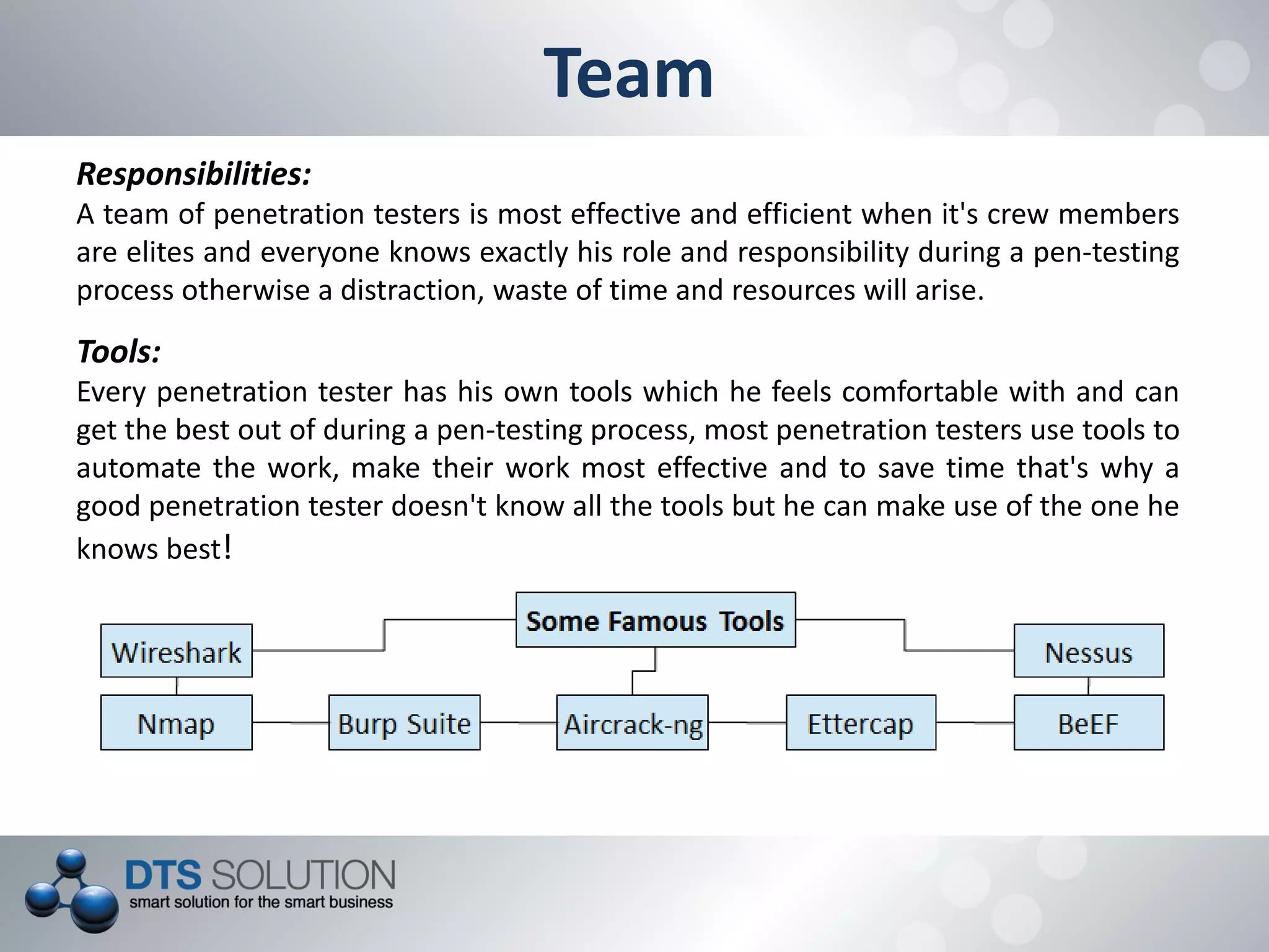 Responsibilities:
A team of penetration testers is most effective and efficient when it's crew members
are elites and everyone knows exactly his role and responsibility during a pen-testing
process otherwise a distraction, waste of time and resources will arise.
Tools:
Every penetration tester has his own tools which he feels comfortable with and can
get the best out of during a pen-testing process, most penetration testers use tools to
automate the work, make their work most effective and to save time that's why a
good penetration tester doesn't know all the tools but he can make use of the one he
knows best!
Team
 