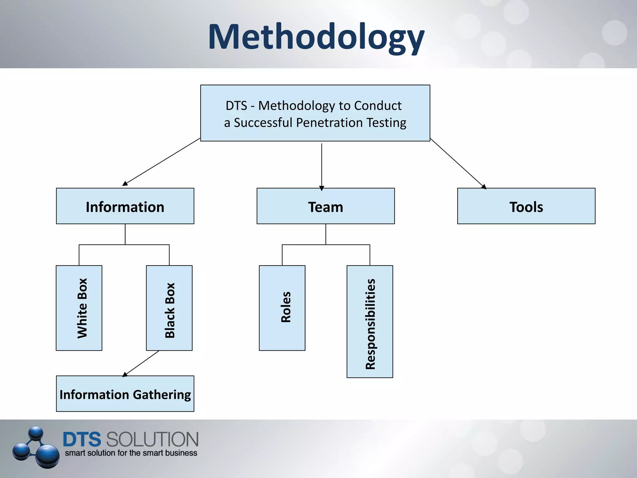 Methodology
DTS - Methodology to Conduct
a Successful Penetration Testing
Information Team Tools
WhiteBox
BlackBox
Roles
Responsibilities
Information Gathering
 