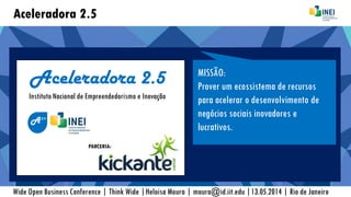 Aceleradora 2.5
Wide Open Business Conference | Think Wide |Heloisa Moura | moura@id.iit.edu |13.05.2014 | Rio de Janeiro
MISSÃO:
Prover um ecossistema de recursos
para acelerar o desenvolvimento de
negócios sociais inovadores e
lucrativos.
Aceleradora 2.5
Instituto Nacional de Empreendedorismo e Inovação
A2.5
PARCERIA:
 