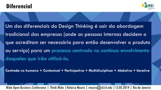 Diferencial
Um dos diferenciais do Design Thinking é sair da abordagem
tradicional das empresas (onde as pessoas internas decidem o
que acreditam ser necessário para então desenvolver o produto
ou serviço) para um processo centrado no contínuo envolvimento
daqueles que irão utilizá-lo.
Centrada no humano + Contextual + Participativa + Multidisciplinar + Abdutiva + Iterativa
Wide Open Business Conference | Think Wide |Heloisa Moura | moura@id.iit.edu |13.05.2014 | Rio de Janeiro
 