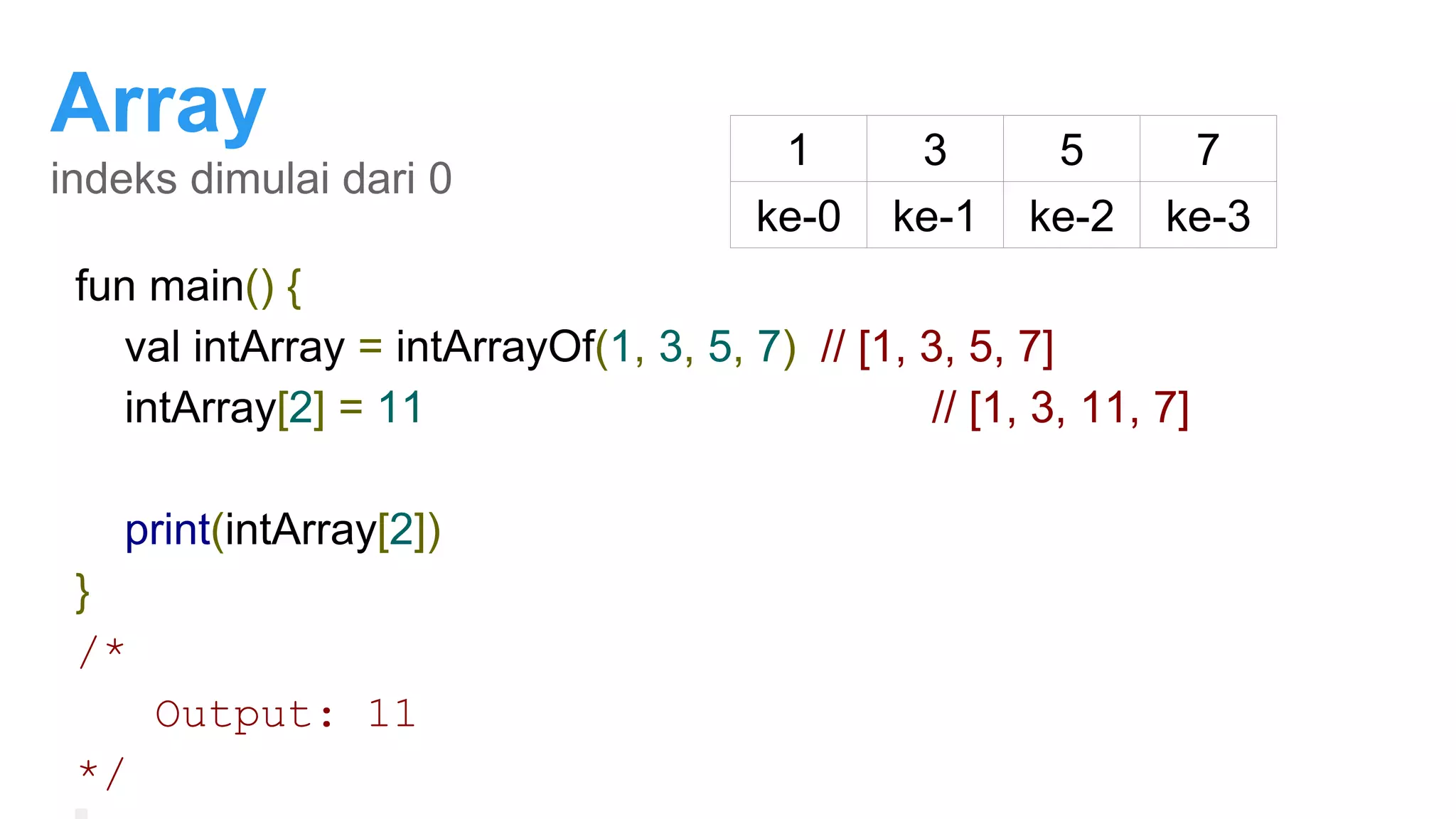 Array
indeks dimulai dari 0
fun main() {
val intArray = intArrayOf(1, 3, 5, 7) // [1, 3, 5, 7]
intArray[2] = 11 // [1, 3, 11, 7]
print(intArray[2])
}
/*
Output: 11
*/
1 3 5 7
ke-0 ke-1 ke-2 ke-3
 