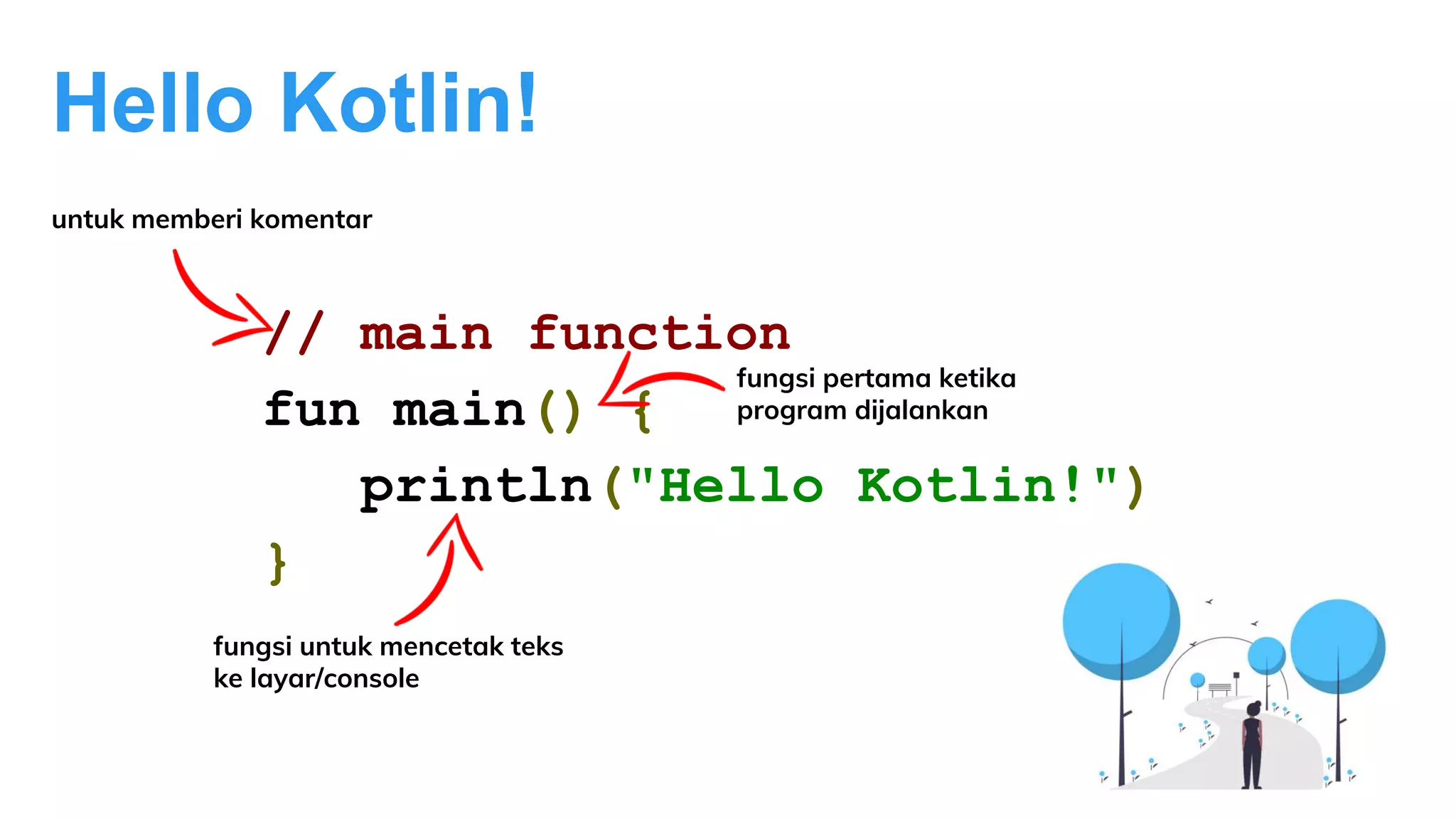 Hello Kotlin!
// main function
fun main() {
println("Hello Kotlin!")
}
fungsi pertama ketika
program dijalankan
untuk memberi komentar
fungsi untuk mencetak teks
ke layar/console
 