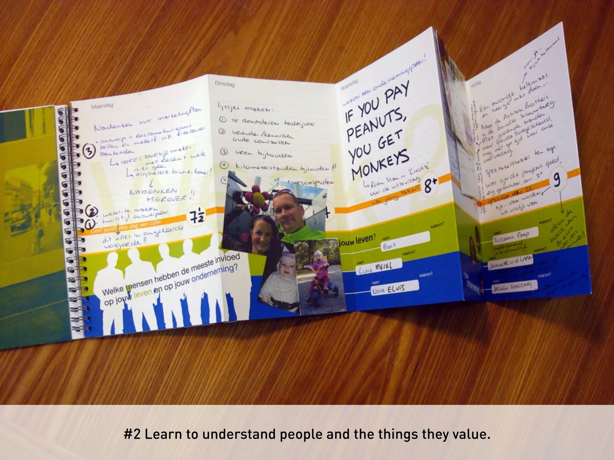 Musea
“de collectie is datgene
waarvoor mensen
komen”
ruimtelijke
context
collectie/
tentoonstelling
Utrecht
middeleeuws de Dom
als baken
studenten
Hart van
Nederland
“heeft geen icoon”
schaal
kwartier
Utrecht
museum
bezoeker
samenwerking
thematiekaan
laten sluiten bij
programmering
bezoekcijfers
delen
geen
concurrentie
in het kwartier
Utrecht pas/
museum
paspartoe
gebouw
audiotour
vormgeving
info
interactie
tentoonstelling
agenda
voor
buitenlandse
bezoekers,
meerdere musea
bezoeken op een
dagstrippenkaart
“is een
uitdaging”
samenwerking
buiten de
musea met
bijvoorbeeld
festivals
website
helpt bij:
enthousiasmeren “wat staat mij
te wachten”
indruk van de
tentoonstellingen/
musea
PR
bekende
namen
gezamenlijk
tien collecties,
een kwartier
add on/
extra
faciliteiten
koffie
inkomsten
verblijfsduur
“lekkerste koffie
als aanleiding”
draagt bij aan
state of mind
(musea beleving)
“gedeelde agenda”
kennis
taal
niveaus
symbiose locatie
& collectie
context gebouw
leeftijd
verwachting
managen
de grote van
de tentoonstelling
“tijd”vorm
actief
passief
voorpret
poster
recensie tv
web
inhoudelijk
achtergrond
en geschiedenis
“waarom deze
tentoonstelling”
overzichtelijk
“mooi”
“je thuis/
op je gemak
voelen”
nieuw en
verrasssend
oud en
vertrouwd
oud maar nieuw
gepresenteerd
context info
spits meter
vorm van de
tentoonstelling
“like knop”
werkplaats/
activiteit
korte
termijn
lange
termijn
shop
“Wat ik zou willen, is dat wij
als museum, mensen een
ervaring meegeven die ze
de rest van hun leven bijblijft.”
verdieping thuis
(boek)
uitgebreid
aanbod gewenst,
“gecureerd”
verlengt de
ervaring van het
museum bezoek
rondstruinen
“shoppen”
#1 Framing the challenge in order to understand the true challenge. In this example it
turned out that there was little understanding (and value perception) of the visitor.
visitor
 