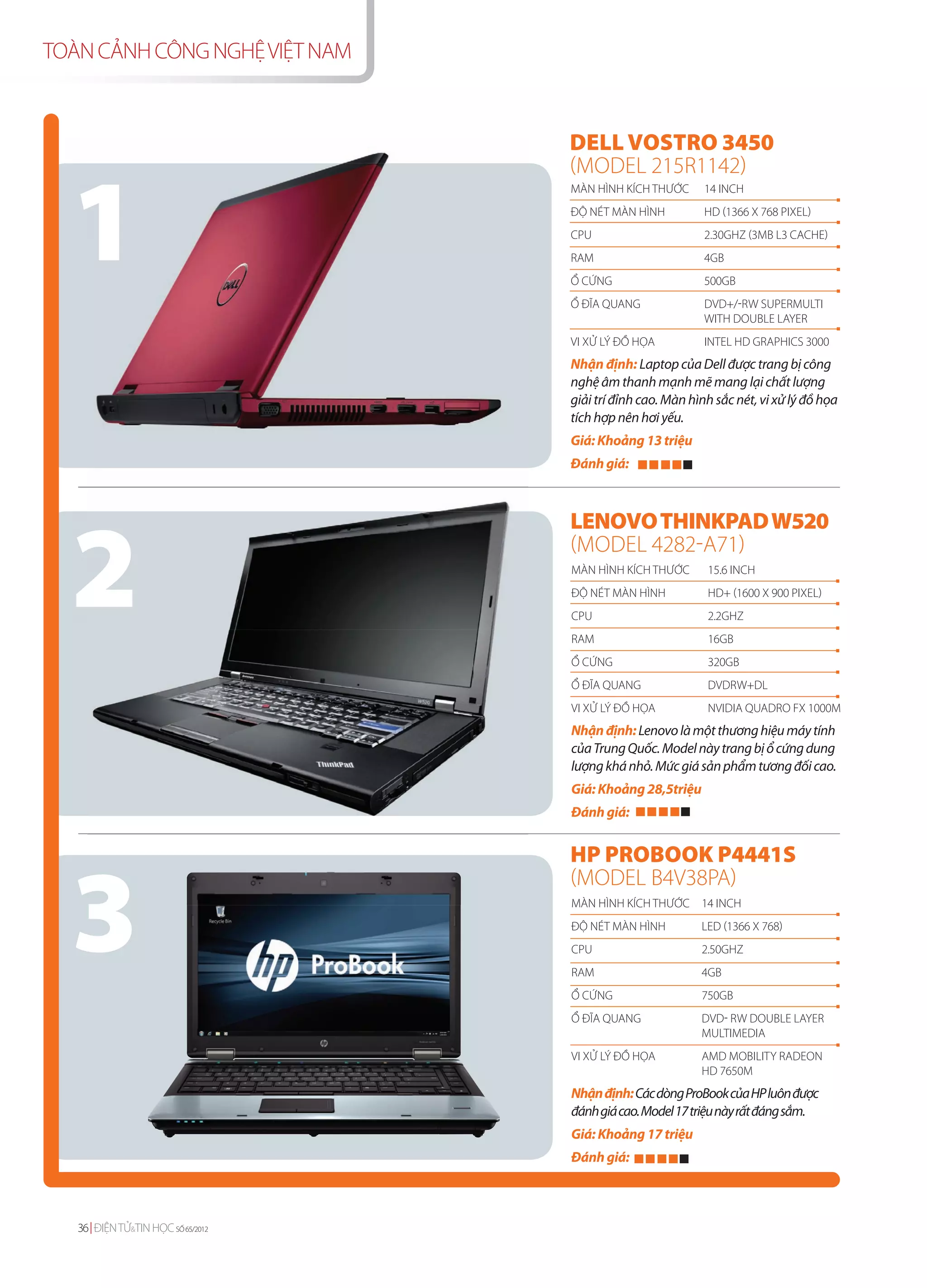 TOÀN CẢNH CÔNG NGHỆ VIỆT NAM


                                   DELL VOSTRO 3450



  1
                                   (MODEL 215R1142)
                                   MÀN HÌNH KÍCH THƯỚC       14 INCH
                                   ĐỘ NÉT MÀN HÌNH           HD (1366 X 768 PIXEL)
                                   CPU                       2.30GHZ (3MB L3 CACHE)
                                   RAM                       4GB
                                   Ổ CỨNG                    500GB
                                   Ổ ĐĨA QUANG               DVD+/-RW SUPERMULTI
                                                             WITH DOUBLE LAYER
                                   VI XỬ LÝ ĐỒ HỌA           INTEL HD GRAPHICS 3000
                                   Nhận định: Laptop của Dell được trang bị công
                                   nghệ âm thanh mạnh mẽ mang lại chất lượng
                                   giải trí đỉnh cao. Màn hình sắc nét, vi xử lý đồ họa
                                   tích hợp nên hơi yếu.
                                   Giá: Khoảng 13 triệu
                                   Đánh giá:




  2
                                   LENOVO THINKPAD W520
                                   (MODEL 4282-A71)
                                   MÀN HÌNH KÍCH THƯỚC       15.6 INCH
                                   ĐỘ NÉT MÀN HÌNH           HD+ (1600 X 900 PIXEL)
                                   CPU                       2.2GHZ
                                   RAM                       16GB
                                   Ổ CỨNG                    320GB
                                   Ổ ĐĨA QUANG               DVDRW+DL
                                   VI XỬ LÝ ĐỒ HỌA           NVIDIA QUADRO FX 1000M
                                   Nhận định: Lenovo là một thương hiệu máy tính
                                   của Trung Quốc. Model này trang bị ổ cứng dung
                                   lượng khá nhỏ. Mức giá sản phẩm tương đối cao.
                                   Giá: Khoảng 28,5triệu
                                   Đánh giá:


                                   HP PROBOOK P4441S


  3
                                   (MODEL B4V38PA)
                                   MÀN HÌNH KÍCH THƯỚC 14 INCH
                                   ĐỘ NÉT MÀN HÌNH          LED (1366 X 768)
                                   CPU                      2.50GHZ
                                   RAM                      4GB
                                   Ổ CỨNG                   750GB
                                   Ổ ĐĨA QUANG              DVD- RW DOUBLE LAYER
                                                            MULTIMEDIA
                                   VI XỬ LÝ ĐỒ HỌA          AMD MOBILITY RADEON
                                                            HD 7650M
                                   Nhận định: Các dòng ProBook của HP luôn được
                                   đánh giá cao. Model 17 triệu này rất đáng sắm.
                                   Giá: Khoảng 17 triệu
                                   Đánh giá:



   36 ĐIỆN TỬ&TIN HỌC SỐ 65/2012
 