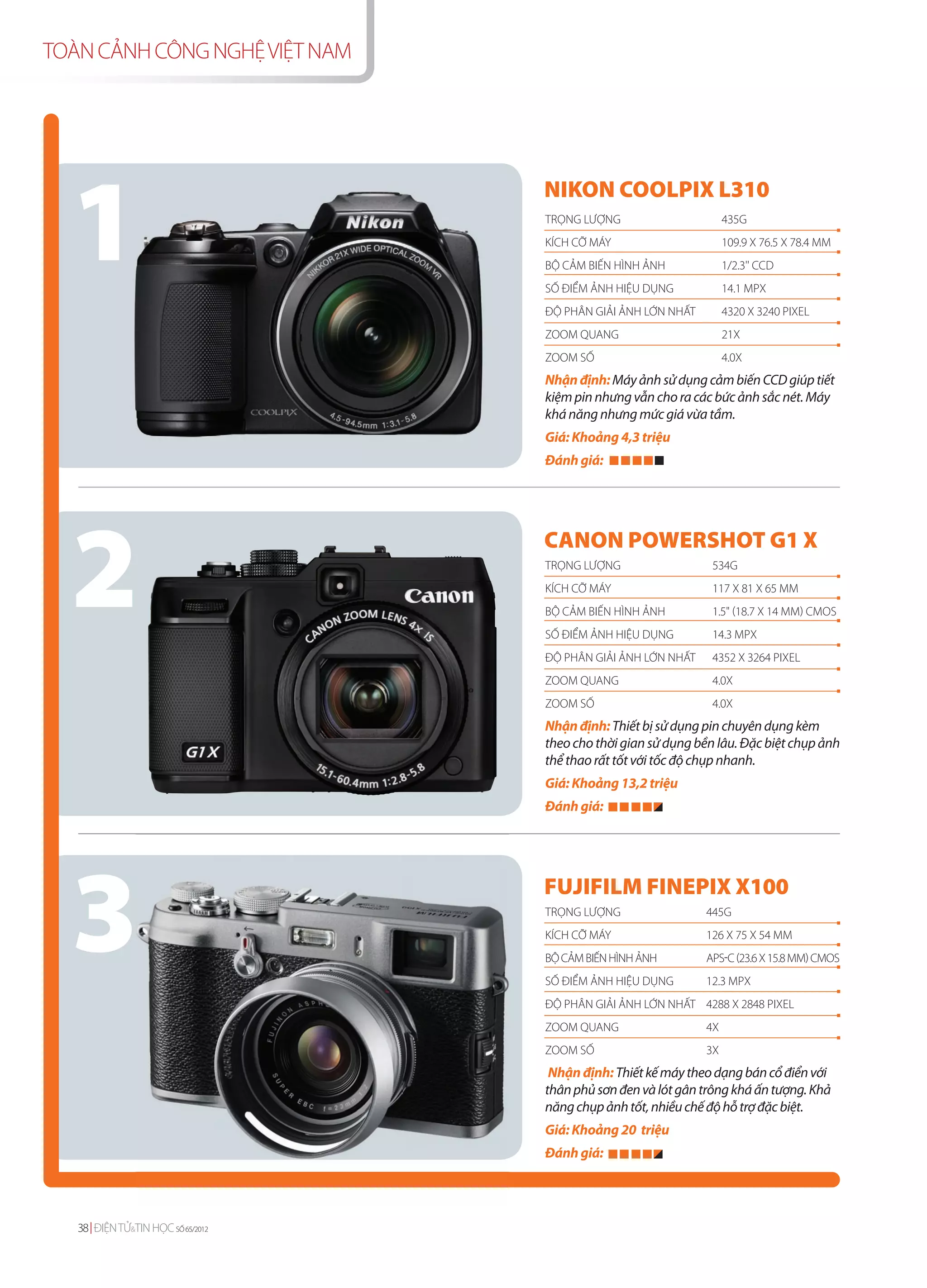 TOÀN CẢNH CÔNG NGHỆ VIỆT NAM




  1
                                   NIKON COOLPIX L310
                                   TRỌNG LƯỢNG                      435G
                                   KÍCH CỠ MÁY                      109.9 X 76.5 X 78.4 MM
                                   BỘ CẢM BIẾN HÌNH ẢNH             1/2.3'' CCD
                                   SỐ ĐIỂM ẢNH HIỆU DỤNG            14.1 MPX
                                   ĐỘ PHÂN GIẢI ẢNH LỚN NHẤT        4320 X 3240 PIXEL
                                   ZOOM QUANG                       21X
                                   ZOOM SỐ                          4.0X
                                   Nhận định: Máy ảnh sử dụng cảm biến CCD giúp tiết
                                   kiệm pin nhưng vẫn cho ra các bức ảnh sắc nét. Máy
                                   khá năng nhưng mức giá vừa tầm.
                                   Giá: Khoảng 4,3 triệu
                                   Đánh giá:




  2
                                   CANON POWERSHOT G1 X
                                   TRỌNG LƯỢNG                   534G
                                   KÍCH CỠ MÁY                   117 X 81 X 65 MM
                                   BỘ CẢM BIẾN HÌNH ẢNH          1.5" (18.7 X 14 MM) CMOS
                                   SỐ ĐIỂM ẢNH HIỆU DỤNG         14.3 MPX
                                   ĐỘ PHÂN GIẢI ẢNH LỚN NHẤT     4352 X 3264 PIXEL
                                   ZOOM QUANG                    4.0X
                                   ZOOM SỐ                       4.0X
                                   Nhận định: Thiết bị sử dụng pin chuyên dụng kèm
                                   theo cho thời gian sử dụng bền lâu. Đặc biệt chụp ảnh
                                   thể thao rất tốt với tốc độ chụp nhanh.
                                   Giá: Khoảng 13,2 triệu
                                   Đánh giá:




  3                                FUJIFILM FINEPIX X100
                                   TRỌNG LƯỢNG
                                   KÍCH CỠ MÁY
                                   BỘ CẢM BIẾN HÌNH ẢNH
                                   SỐ ĐIỂM ẢNH HIỆU DỤNG
                                                               445G
                                                               126 X 75 X 54 MM
                                                               APS-C (23.6 X 15.8 MM) CMOS
                                                               12.3 MPX
                                   ĐỘ PHÂN GIẢI ẢNH LỚN NHẤT 4288 X 2848 PIXEL
                                   ZOOM QUANG                  4X
                                   ZOOM SỐ                     3X
                                    Nhận định: Thiết kế máy theo dạng bán cổ điển với
                                   thân phủ sơn đen và lót gân trông khá ấn tượng. Khả
                                   năng chụp ảnh tốt, nhiều chế độ hỗ trợ đặc biệt.
                                   Giá: Khoảng 20 triệu
                                   Đánh giá:




   38 ĐIỆN TỬ&TIN HỌC SỐ 65/2012
 