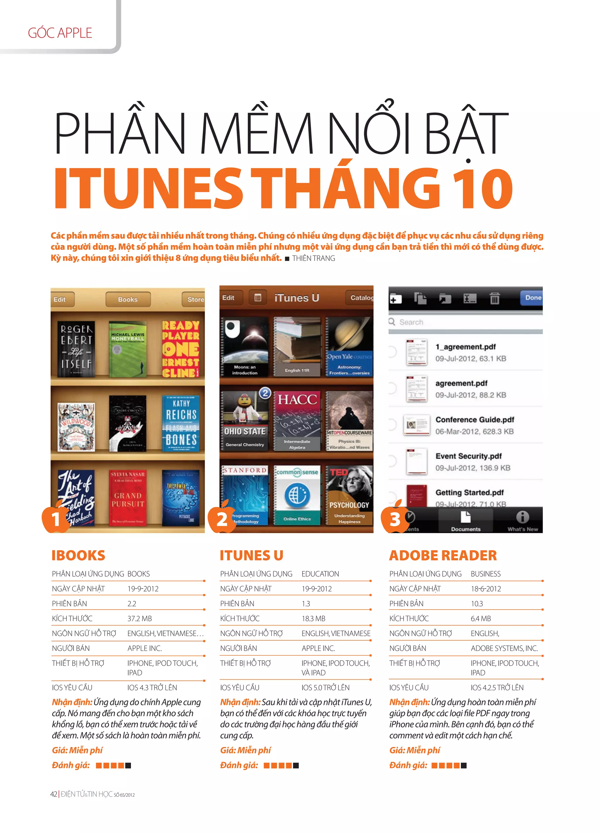 GÓC APPLE




   PHẦN MỀM NỔI BẬT
   ITUNES THÁNG 10
   Các phần mềm sau được tải nhiều nhất trong tháng. Chúng có nhiều ứng dụng đặc biệt để phục vụ các nhu cầu sử dụng riêng
   của người dùng. Một số phần mềm hoàn toàn miễn phí nhưng một vài ứng dụng cần bạn trả tiền thì mới có thể dùng được.
   Kỳ này, chúng tôi xin giới thiệu 8 ứng dụng tiêu biểu nhất. THIÊN TRANG




   1                                                2                                              3
   IBOOKS                                           ITUNES U                                       ADOBE READER
   PHÂN LOẠI ỨNG DỤNG BOOKS                         PHÂN LOẠI ỨNG DỤNG     EDUCATION               PHÂN LOẠI ỨNG DỤNG    BUSINESS
   NGÀY CẬP NHẬT             19-9-2012              NGÀY CẬP NHẬT          19-9-2012               NGÀY CẬP NHẬT         18-6-2012
   PHIÊN BẢN                 2.2                    PHIÊN BẢN              1.3                     PHIÊN BẢN             10.3
   KÍCH THƯỚC                37.2 MB                KÍCH THƯỚC             18.3 MB                 KÍCH THƯỚC            6.4 MB
   NGÔN NGỮ HỖ TRỢ           ENGLISH, VIETNAMESE…   NGÔN NGỮ HỖ TRỢ        ENGLISH, VIETNAMESE     NGÔN NGỮ HỖ TRỢ       ENGLISH,
   NGƯỜI BÁN                 APPLE INC.             NGƯỜI BÁN              APPLE INC.              NGƯỜI BÁN             ADOBE SYSTEMS, INC.
   THIẾT BỊ HỖ TRỢ           IPHONE, IPOD TOUCH,    THIẾT BỊ HỖ TRỢ        IPHONE, IPOD TOUCH,     THIẾT BỊ HỖ TRỢ       IPHONE, IPOD TOUCH,
                             IPAD                                          VÀ IPAD                                       IPAD
   IOS YÊU CẦU               IOS 4.3 TRỞ LÊN        IOS YÊU CẦU            IOS 5.0 TRỞ LÊN         IOS YÊU CẦU           IOS 4.2.5 TRỞ LÊN
   Nhận định: Ứng dụng do chính Apple cung          Nhận định: Sau khi tải và cập nhật iTunes U,   Nhận định: Ứng dụng hoàn toàn miễn phí
   cấp. Nó mang đến cho bạn một kho sách            bạn có thể đến với các khóa học trực tuyến     giúp bạn đọc các loại file PDF ngay trong
   khổng lồ, bạn có thể xem trước hoặc tải về       do các trường đại học hàng đầu thế giới        iPhone của mình. Bên cạnh đó, bạn có thể
   để xem. Một số sách là hoàn toàn miễn phí.       cung cấp.                                      comment và edit một cách hạn chế.
   Giá: Miễn phí                                    Giá: Miễn phí                                  Giá: Miễn phí
   Đánh giá:                                        Đánh giá:                                      Đánh giá:


   42 ĐIỆN TỬ&TIN HỌC SỐ 65/2012
 