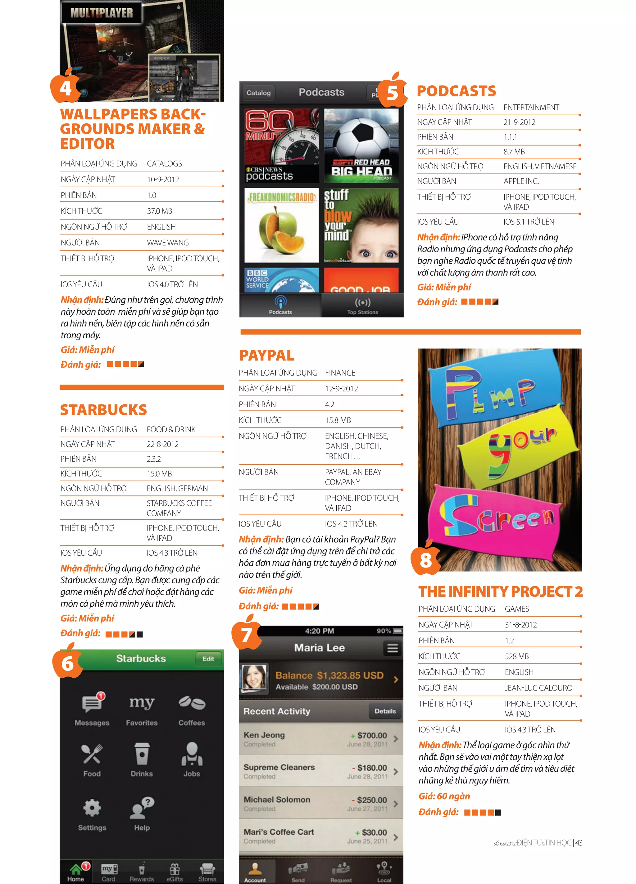 4                                                                                     5    PODCASTS
                                                                                           PHÂN LOẠI ỨNG DỤNG      ENTERTAINMENT
WALLPAPERS BACK-                                                                           NGÀY CẬP NHẬT           21-9-2012
GROUNDS MAKER &                                                                            PHIÊN BẢN               1.1.1
EDITOR                                                                                     KÍCH THƯỚC              8.7 MB
PHÂN LOẠI ỨNG DỤNG    CATALOGS                                                             NGÔN NGỮ HỖ TRỢ         ENGLISH, VIETNAMESE
NGÀY CẬP NHẬT         10-9-2012                                                            NGƯỜI BÁN               APPLE INC.
PHIÊN BẢN             1.0                                                                  THIẾT BỊ HỖ TRỢ         IPHONE, IPOD TOUCH,
KÍCH THƯỚC            37.0 MB                                                                                      VÀ IPAD
                                                                                           IOS YÊU CẦU             IOS 5.1 TRỞ LÊN
NGÔN NGỮ HỖ TRỢ       ENGLISH
                                                                                           Nhận định: iPhone có hỗ trợ tính năng
NGƯỜI BÁN             WAVE WANG
                                                                                           Radio nhưng ứng dụng Podcasts cho phép
THIẾT BỊ HỖ TRỢ       IPHONE, IPOD TOUCH,                                                  bạn nghe Radio quốc tế truyền qua vệ tinh
                      VÀ IPAD
                                                                                           với chất lượng âm thanh rất cao.
IOS YÊU CẦU           IOS 4.0 TRỞ LÊN                                                      Giá: Miễn phí
Nhận định: Đúng như trên gọi, chương trình                                                 Đánh giá:
này hoàn toàn miễn phí và sẽ giúp bạn tạo
ra hình nền, biên tập các hình nền có sẵn
trong máy.
Giá: Miễn phí
Đánh giá:
                                             PAYPAL
                                             PHÂN LOẠI ỨNG DỤNG FINANCE
                                             NGÀY CẬP NHẬT          12-9-2012

STARBUCKS                                    PHIÊN BẢN              4.2
                                             KÍCH THƯỚC             15.8 MB
PHÂN LOẠI ỨNG DỤNG    FOOD & DRINK
                                             NGÔN NGỮ HỖ TRỢ        ENGLISH, CHINESE,
NGÀY CẬP NHẬT         22-8-2012                                     DANISH, DUTCH,
PHIÊN BẢN             2.3.2                                         FRENCH…

KÍCH THƯỚC            15.0 MB                NGƯỜI BÁN              PAYPAL, AN EBAY
                                                                    COMPANY
NGÔN NGỮ HỖ TRỢ       ENGLISH, GERMAN
                                             THIẾT BỊ HỖ TRỢ        IPHONE, IPOD TOUCH,
NGƯỜI BÁN             STARBUCKS COFFEE
                                                                    VÀ IPAD
                      COMPANY
THIẾT BỊ HỖ TRỢ       IPHONE, IPOD TOUCH,    IOS YÊU CẦU            IOS 4.2 TRỞ LÊN
                      VÀ IPAD                Nhận định: Bạn có tài khoản PayPal? Bạn

                                                                                           8
IOS YÊU CẦU           IOS 4.3 TRỞ LÊN        có thể cài đặt ứng dụng trên để chi trả các
                                             hóa đơn mua hàng trực tuyến ở bất kỳ nơi
Nhận định: Ứng dụng do hãng cà phê
                                             nào trên thế giới.
Starbucks cung cấp. Bạn được cung cấp các
game miễn phí để chơi hoặc đặt hàng các      Giá: Miễn phí                                 THE INFINITY PROJECT 2
món cà phê mà mình yêu thích.                Đánh giá:                                     PHÂN LOẠI ỨNG DỤNG       GAMES
Giá: Miễn phí

                                             7
                                                                                           NGÀY CẬP NHẬT            31-8-2012
Đánh giá:
                                                                                           PHIÊN BẢN                1.2


6
                                                                                           KÍCH THƯỚC               528 MB
                                                                                           NGÔN NGỮ HỖ TRỢ          ENGLISH
                                                                                           NGƯỜI BÁN                JEAN-LUC CALOURO
                                                                                           THIẾT BỊ HỖ TRỢ          IPHONE, IPOD TOUCH,
                                                                                                                    VÀ IPAD
                                                                                           IOS YÊU CẦU              IOS 4.3 TRỞ LÊN
                                                                                           Nhận định: Thể loại game ở góc nhìn thứ
                                                                                           nhất. Bạn sẽ vào vai một tay thiện xạ lọt
                                                                                           vào những thế giới u ám để tìm và tiêu diệt
                                                                                           những kẻ thù nguy hiểm.
                                                                                           Giá: 60 ngàn
                                                                                           Đánh giá:


                                                                                                               SỐ 65/2012   ĐIỆN TỬ&TIN HỌC 43
 