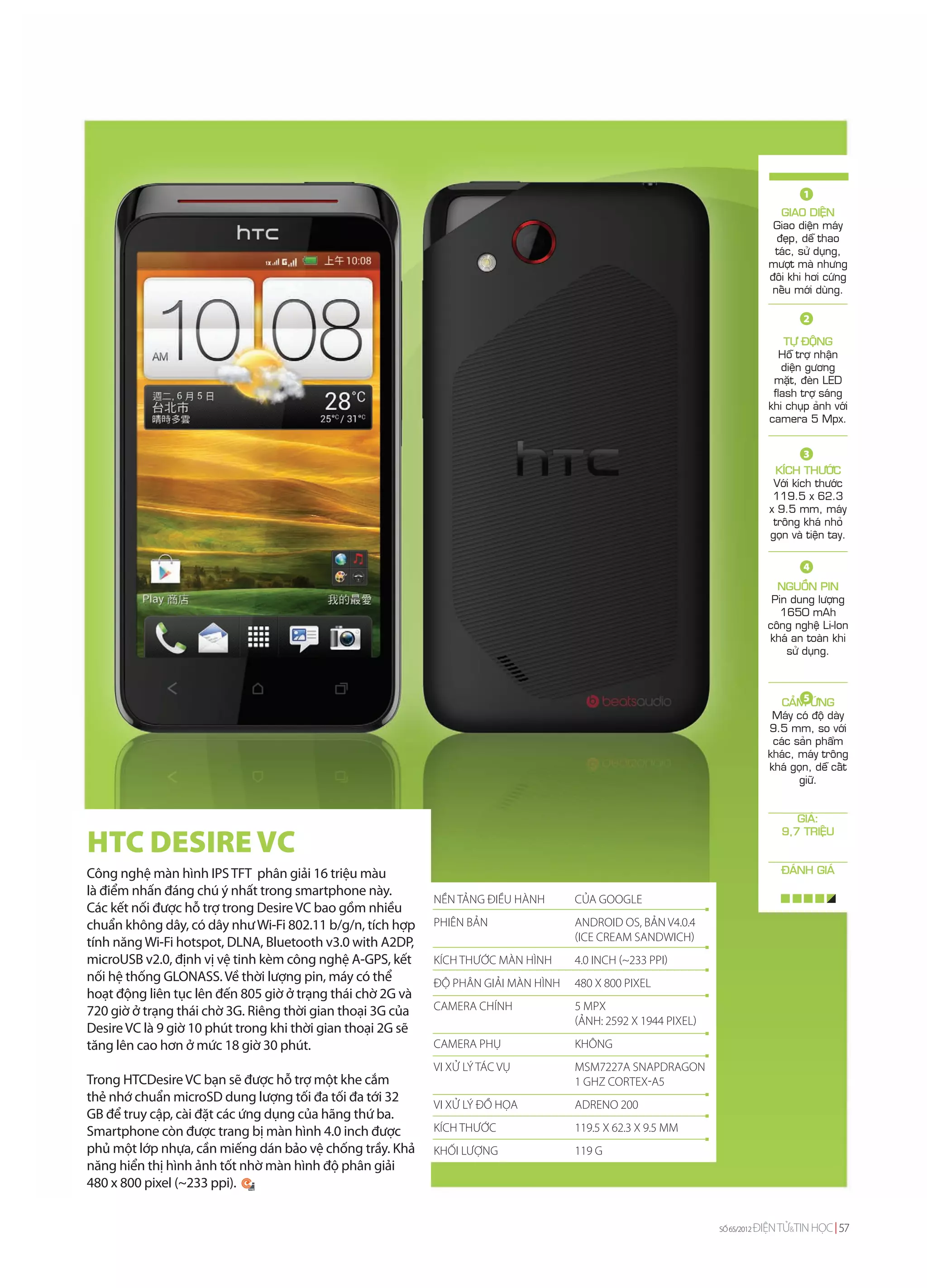 1
                                                                                                                                 GIAO DIEÄN
                                                                                                                                Giao dieän maùy
                                                                                                                                ñeïp, deã thao
                                                                                                                                taùc, söû duïng,
                                                                                                                               möôït maø nhöng
                                                                                                                               ñoâi khi hôi cöùng
                                                                                                                               neáu môùi duøng.

                                                                                                                                        2

                                                                                                                                   TÖÏ ÑOÄNG
                                                                                                                                  Hoã trôï nhaän
                                                                                                                                  dieän göông
                                                                                                                                maët, ñeøn LED
                                                                                                                                flash trôï saùng
                                                                                                                               khi chuïp aûnh vôùi
                                                                                                                               camera 5 Mpx.


                                                                                                                                        3
                                                                                                                                  KÍCH THÖÔÙC
                                                                                                                                 Vôùi kích thöôùc
                                                                                                                                 119.5 x 62.3
                                                                                                                                x 9.5 mm, maùy
                                                                                                                                 troâng khaù nhoû
                                                                                                                                goïn vaø tieän tay.

                                                                                                                                        4
                                                                                                                                 NGUOÀN PIN
                                                                                                                                Pin dung löôïng
                                                                                                                                  1650 mAh
                                                                                                                               coâng ngheä Li-Ion
                                                                                                                               khaù an toaøn khi
                                                                                                                                   söû duïng.



                                                                                                                                       5
                                                                                                                                  CAÛM ÖÙNG
                                                                                                                                Maùy coù ñoä daøy
                                                                                                                               9.5 mm, so vôùi
                                                                                                                                caùc saûn phaåm
                                                                                                                               khaùc, maùy troâng
                                                                                                                               khaù goïn, deã caát
                                                                                                                                      giöõ.


                                                                                                                                      GIAÙ:

HTC DESIRE VC
                                                                                                                                   9,7 TRIEÄU


Công nghệ màn hình IPS TFT phân giải 16 triệu màu                                                                                  ÑAÙNH GIAÙ
là điểm nhấn đáng chú ý nhất trong smartphone này.
                                                             NỀN TẢNG ĐIỀU HÀNH      CỦA GOOGLE
Các kết nối được hỗ trợ trong Desire VC bao gồm nhiều
chuẩn không dây, có dây như Wi-Fi 802.11 b/g/n, tích hợp     PHIÊN BẢN               ANDROID OS, BẢN V4.0.4
tính năng Wi-Fi hotspot, DLNA, Bluetooth v3.0 with A2DP,                             (ICE CREAM SANDWICH)
microUSB v2.0, định vị vệ tinh kèm công nghệ A-GPS, kết      KÍCH THƯỚC MÀN HÌNH     4.0 INCH (~233 PPI)
nối hệ thống GLONASS. Về thời lượng pin, máy có thể          ĐỘ PHÂN GIẢI MÀN HÌNH   480 X 800 PIXEL
hoạt động liên tục lên đến 805 giờ ở trạng thái chờ 2G và
720 giờ ở trạng thái chờ 3G. Riêng thời gian thoại 3G của    CAMERA CHÍNH            5 MPX
                                                                                     (ẢNH: 2592 Х 1944 PIXEL)
Desire VC là 9 giờ 10 phút trong khi thời gian thoại 2G sẽ
tăng lên cao hơn ở mức 18 giờ 30 phút.                       CAMERA PHỤ              KHÔNG
                                                             VI XỬ LÝ TÁC VỤ         MSM7227A SNAPDRAGON
Trong HTCDesire VC bạn sẽ được hỗ trợ một khe cắm                                    1 GHZ CORTEX-A5
thẻ nhớ chuẩn microSD dung lượng tối đa tối đa tới 32
                                                             VI XỬ LÝ ĐỒ HỌA         ADRENO 200
GB để truy cập, cài đặt các ứng dụng của hãng thứ ba.
Smartphone còn được trang bị màn hình 4.0 inch được          KÍCH THƯỚC              119.5 X 62.3 X 9.5 MM
phủ một lớp nhựa, cần miếng dán bảo vệ chống trầy. Khả       KHỐI LƯỢNG              119 G
năng hiển thị hình ảnh tốt nhờ màn hình độ phân giải
480 x 800 pixel (~233 ppi).


                                                                                                                SỐ 65/2012   ĐIỆN TỬ&TIN HỌC 57
 