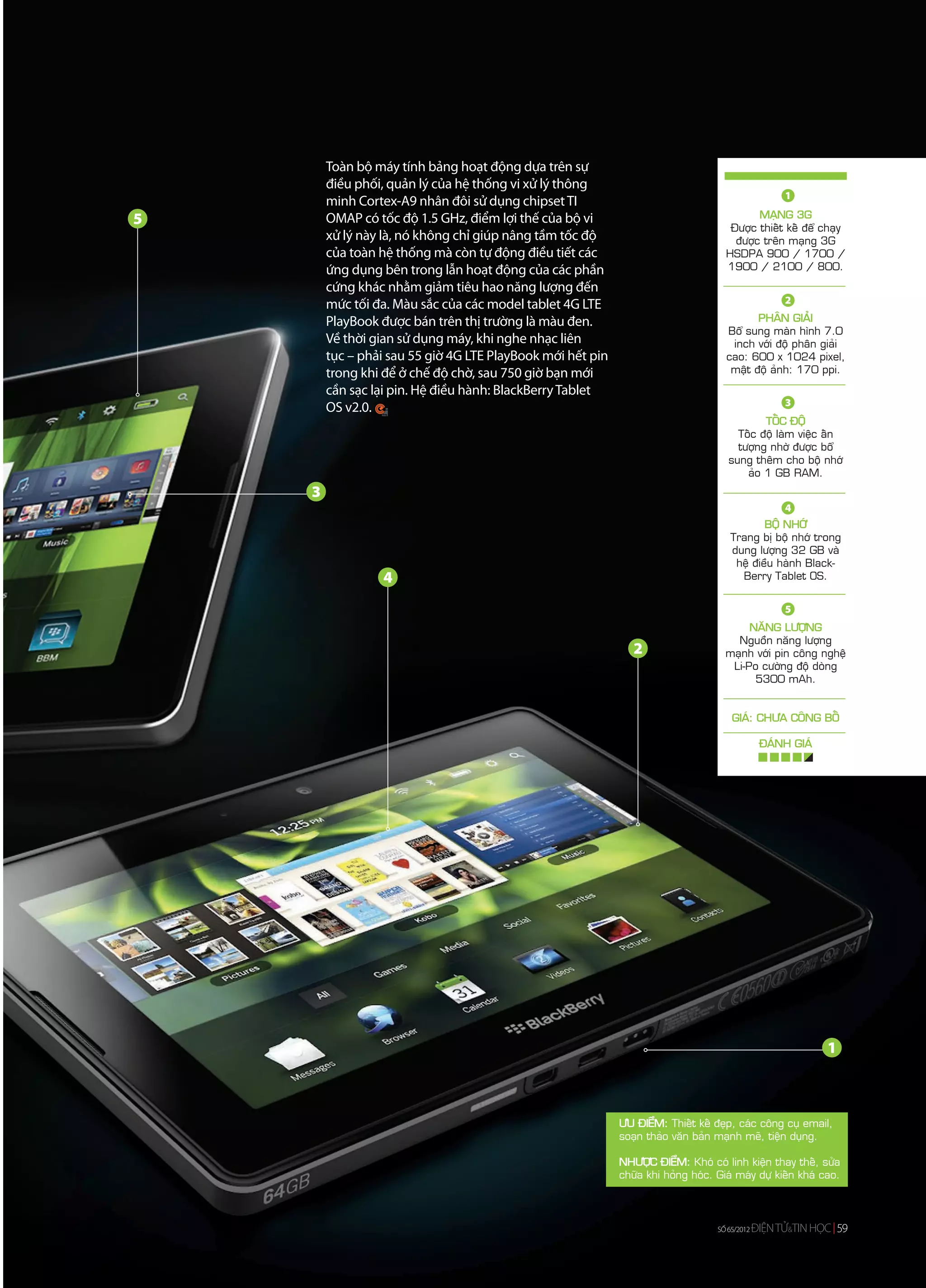 Toàn bộ máy tính bảng hoạt động dựa trên sự
        điều phối, quản lý của hệ thống vi xử lý thông
                                                                                                     1
        minh Cortex-A9 nhân đôi sử dụng chipset TI
                                                                                           MAÏNG 3G
5       OMAP có tốc độ 1.5 GHz, điểm lợi thế của bộ vi
                                                                                     Ñöôïc thieát keá ñeå chaïy
        xử lý này là, nó không chỉ giúp nâng tầm tốc độ                               ñöôïc treân maïng 3G
        của toàn hệ thống mà còn tự động điều tiết các                              HSDPA 900 / 1700 /
        ứng dụng bên trong lẫn hoạt động của các phần                               1900 / 2100 / 800.
        cứng khác nhằm giảm tiêu hao năng lượng đến
        mức tối đa. Màu sắc của các model tablet 4G LTE                                              2

        PlayBook được bán trên thị trường là màu đen.                                      PHAÂN GIAÛI
                                                                                    Boå sung maøn hình 7.0
        Về thời gian sử dụng máy, khi nghe nhạc liên                                 inch vôùi ñoä phaân giaûi
        tục – phải sau 55 giờ 4G LTE PlayBook mới hết pin                           cao: 600 x 1024 pixel,
        trong khi để ở chế độ chờ, sau 750 giờ bạn mới                               maät ñoä aûnh: 170 ppi.
        cần sạc lại pin. Hệ điều hành: BlackBerry Tablet
                                                                                                     3
        OS v2.0.
                                                                                             TOÁC ÑOÄ
                                                                                       Toác ñoä laøm vieäc aán
                                                                                       töôïng nhôø ñöôïc boå
                                                                                     sung theâm cho boä nhôù
                                                                                         aûo 1 GB RAM.
    3
                                                                                                     4
                                                                                             BOÄ NHÔÙ
                                                                                     Trang bò boä nhôù trong
                                                                                     dung löôïng 32 GB vaø
                                                                                      heä ñieàu haønh Black-
                 4                                                                     Berry Tablet OS.


                                                                                                     5
                                                                                         NAÊNG LÖÔÏNG
                                                                                      Nguoàn naêng löôïng
                                                               2                    maïnh vôùi pin coâng ngheä
                                                                                     Li-Po cöôøng ñoä doøng
                                                                                          5300 mAh.


                                                                                      GIAÙ: CHÖA COÂNG BOÁ

                                                                                                ÑAÙNH GIAÙ




                                                                                                             1



                                                            ÖU ÑIEÅM: Thieát keá ñeïp, caùc coâng cuï email,
                                                            soaïn thaûo vaên baûn maïnh meõ, tieän duïng.

                                                            NHÖÔÏC ÑIEÅM: Khoù coù linh kieän thay theá, söûa
                                                            chöõa khi hoûng hoùc. Giaù maùy döï kieán khaù cao.



                                                                                  SỐ 64/2012
                                                                                  SỐ 65/2012   ĐIỆN TỬ&TIN HỌC 59
                                                                                                      &
 