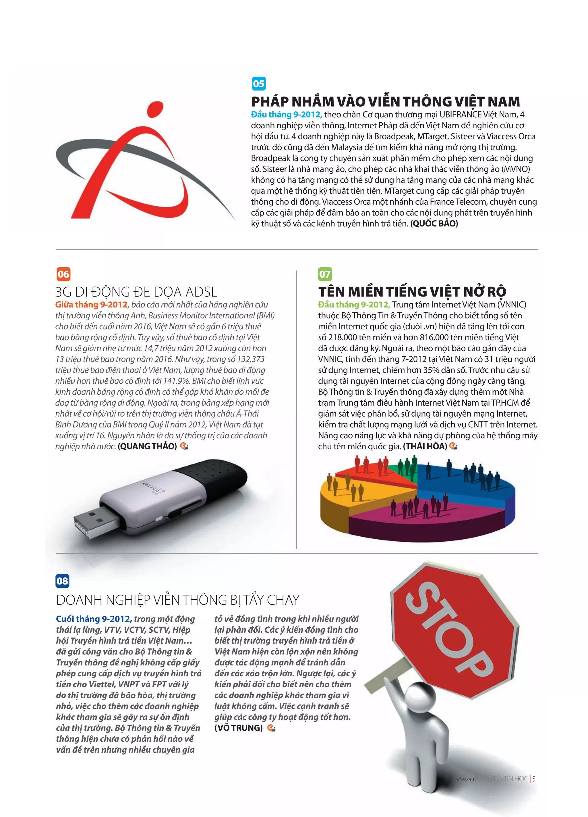 05
                                                        PHÁP NHẮM VÀO VIỄN THÔNG VIỆT NAM
                                                        Đầu tháng 9-2012, theo chân Cơ quan thương mại UBIFRANCE Việt Nam, 4
                                                        doanh nghiệp viễn thông, Internet Pháp đã đến Việt Nam để nghiên cứu cơ
                                                        hội đầu tư. 4 doanh nghiệp này là Broadpeak, MTarget, Sisteer và Viaccess Orca
                                                        trước đó cũng đã đến Malaysia để tìm kiếm khả năng mở rộng thị trường.
                                                        Broadpeak là công ty chuyên sản xuất phần mềm cho phép xem các nội dung
                                                        số. Sisteer là nhà mạng ảo, cho phép các nhà khai thác viễn thông ảo (MVNO)
                                                        không có hạ tầng mạng có thể sử dụng hạ tầng mạng của các nhà mạng khác
                                                        qua một hệ thống kỹ thuật tiên tiến. MTarget cung cấp các giải pháp truyền
                                                        thông cho di động. Viaccess Orca một nhánh của France Telecom, chuyên cung
                                                        cấp các giải pháp để đảm bảo an toàn cho các nội dung phát trên truyền hình
                                                        kỹ thuật số và các kênh truyền hình trả tiền. (QUỐC BẢO)




06                                                                        07
3G DI ĐỘNG ĐE DỌA ADSL                                                    TÊN MIỀN TIẾNG VIỆT NỞ RỘ
Giữa tháng 9-2012, báo cáo mới nhất của hãng nghiên cứu                   Đầu tháng 9-2012, Trung tâm Internet Việt Nam (VNNIC)
thị trường viễn thông Anh, Business Monitor International (BMI)           thuộc Bộ Thông Tin & Truyền Thông cho biết tổng số tên
cho biết đến cuối năm 2016, Việt Nam sẽ có gần 6 triệu thuê               miền Internet quốc gia (đuôi .vn) hiện đã tăng lên tới con
bao băng rộng cố định. Tuy vậy, số thuê bao cố định tại Việt              số 218.000 tên miền và hơn 816.000 tên miền tiếng Việt
Nam sẽ giảm nhẹ từ mức 14,7 triệu năm 2012 xuống còn hơn                  đã được đăng ký. Ngoài ra, theo một báo cáo gần đây của
13 triệu thuê bao trong năm 2016. Như vậy, trong số 132,373               VNNIC, tính đến tháng 7-2012 tại Việt Nam có 31 triệu người
triệu thuê bao điện thoại ở Việt Nam, lượng thuê bao di động              sử dụng Internet, chiếm hơn 35% dân số. Trước nhu cầu sử
nhiều hơn thuê bao cố định tới 141,9%. BMI cho biết lĩnh vực              dụng tài nguyên Internet của cộng đồng ngày càng tăng,
kinh doanh băng rộng cố định có thể gặp khó khăn do mối đe                Bộ Thông tin & Truyền thông đã xây dựng thêm một Nhà
doạ từ băng rộng di động. Ngoài ra, trong bảng xếp hạng mới               trạm Trung tâm điều hành Internet Việt Nam tại TP.HCM để
nhất về cơ hội/rủi ro trên thị trường viễn thông châu Á-Thái              giám sát việc phân bổ, sử dụng tài nguyên mạng Internet,
Bình Dương của BMI trong Quý II năm 2012, Việt Nam đã tụt                 kiểm tra chất lượng mạng lưới và dịch vụ CNTT trên Internet.
xuống vị trí 16. Nguyên nhân là do sự thống trị của các doanh             Nâng cao năng lực và khả năng dự phòng của hệ thống máy
nghiệp nhà nước. (QUANG THẢO)                                             chủ tên miền quốc gia. (THÁI HÒA)




08
DOANH NGHIỆP VIỄN THÔNG BỊ TẨY CHAY
Cuối tháng 9-2012, trong một động            tỏ vẻ đồng tình trong khi nhiều người
thái lạ lùng, VTV, VCTV, SCTV, Hiệp          lại phản đối. Các ý kiến đồng tình cho
hội Truyền hình trả tiền Việt Nam…           biết thị trường truyền hình trả tiền ở
đã gửi công văn cho Bộ Thông tin &           Việt Nam hiện còn lộn xộn nên không
Truyền thông đề nghị không cấp giấy          được tác động mạnh để tránh dẫn
phép cung cấp dịch vụ truyền hình trả        đến các xáo trộn lớn. Ngược lại, các ý
tiền cho Viettel, VNPT và FPT với lý         kiến phải đối cho biết nên cho thêm
do thị trường đã bão hòa, thị trường         các doanh nghiệp khác tham gia vì
nhỏ, việc cho thêm các doanh nghiệp          luật không cấm. Việc cạnh tranh sẽ
khác tham gia sẽ gây ra sự ổn định           giúp các công ty hoạt động tốt hơn.
của thị trường. Bộ Thông tin & Truyền        (VÕ TRUNG)
thông hiện chưa có phản hồi nào về
vấn đề trên nhưng nhiều chuyên gia


                                                                                                               SỐ 65/2012   ĐIỆN TỬ&TIN HỌC 5
 